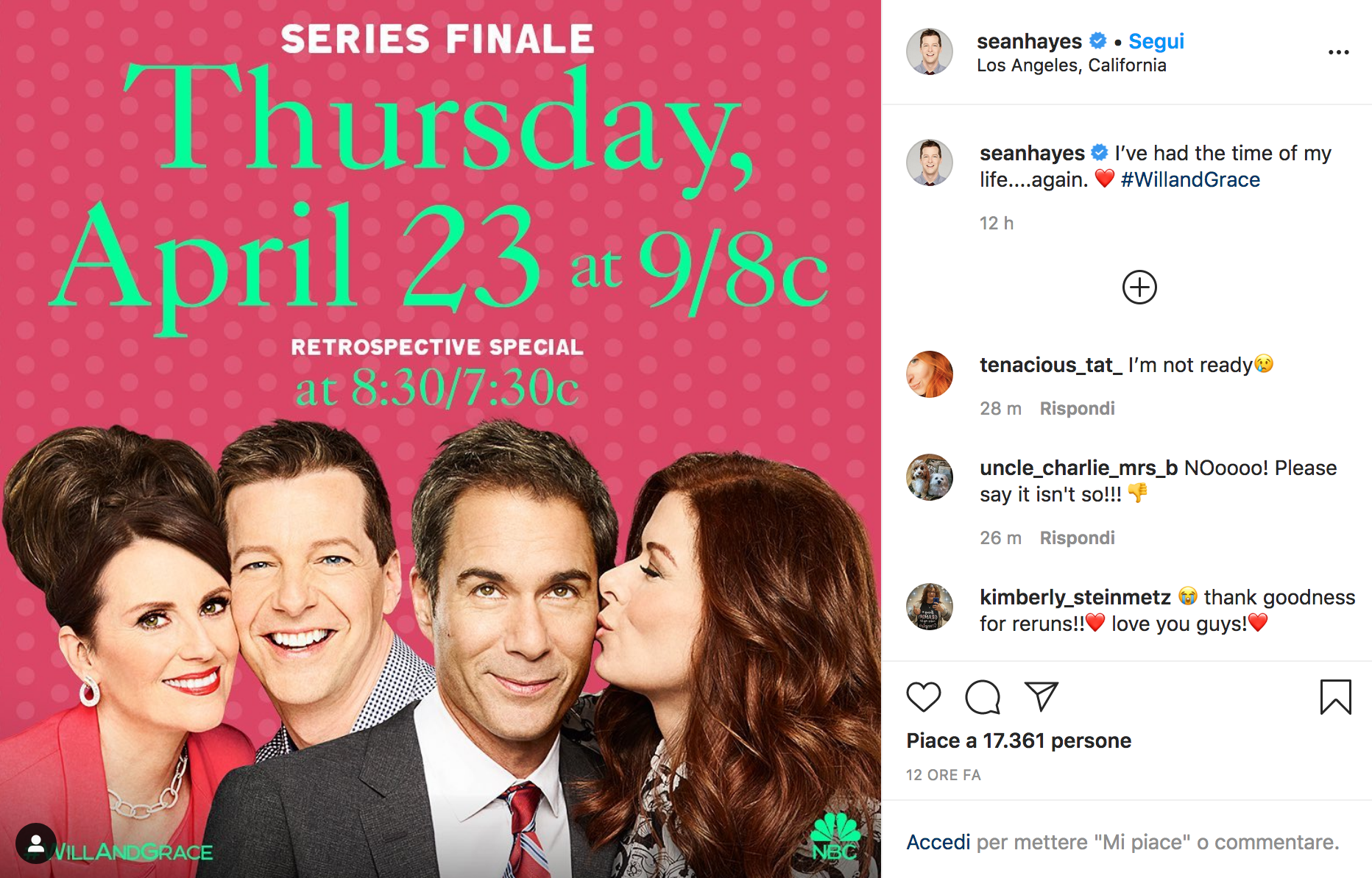 Dal profilo Instagram di Sean Hayes, l'annuncio del grande finale di Wll & Grace Dal profilo Instagram di Sean Hayes, l'annuncio del grande finale di Wll & Grace