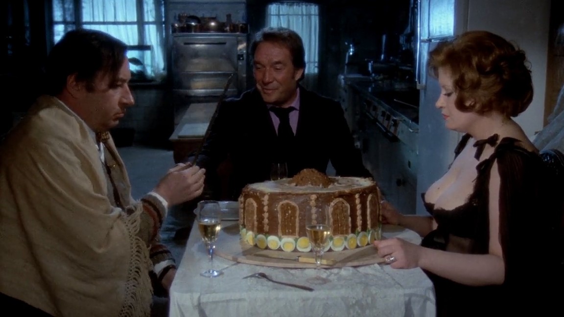 Philippe Noiret, Ugo Tognazzi e Andréa Ferréol in una scena de La Grande Abbuffata