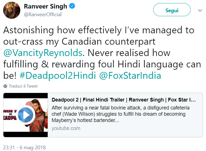 Ranveer Singh Lends Voice For Hindi Version Of Deadpool 2